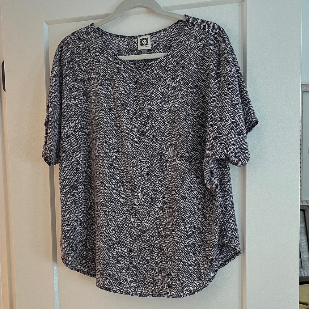 Anne Klein Navy and White Microdot Short Sleeve Blouse